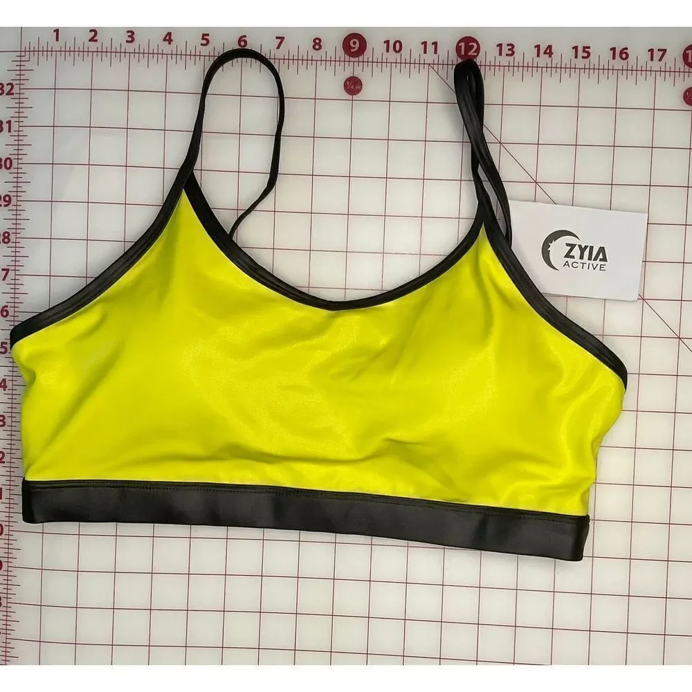 Zyia Active Sports Bra XXL Neon Yellow Metallic Light N Tight Adjustable Strap**